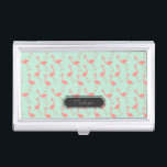 Pink and Green Flamingo Pattern | Add Your Name Business Card Holder<br><div class="desc">This is a drawing of a flamingo bird that was made into a pattern. The background is a pretty mint colour.  There is a frame in the design where you can have your name printed.</div>