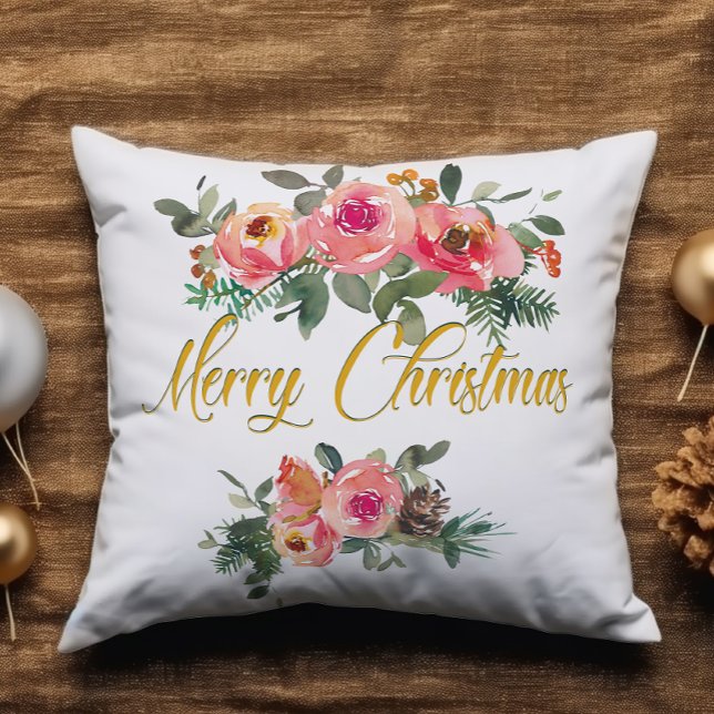 Pink and Green Floral Add Name Merry Christmas Cushion (Creator Uploaded)