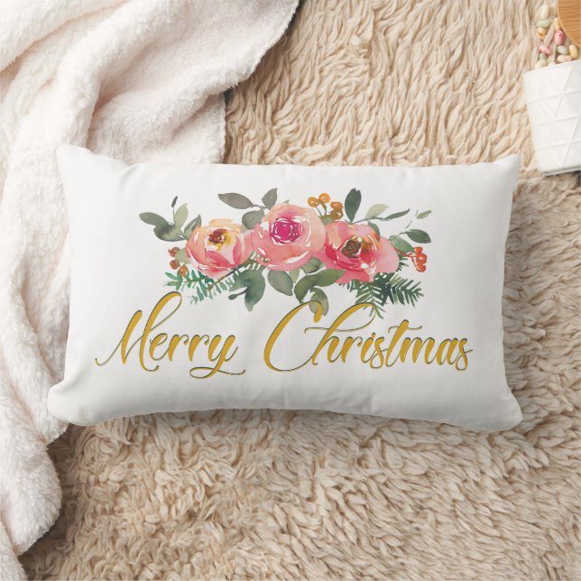 Pink and Green Floral Add Name Merry Christmas Lumbar Cushion (Blanket)