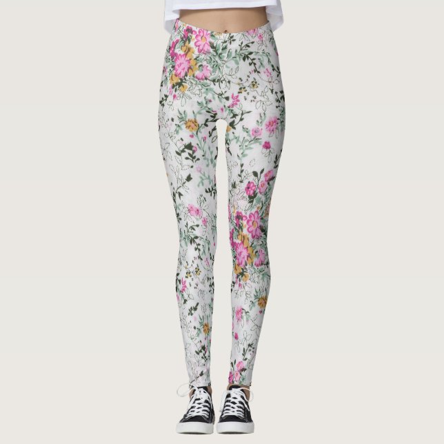 Pink and green floral artistic design  leggings (Front)