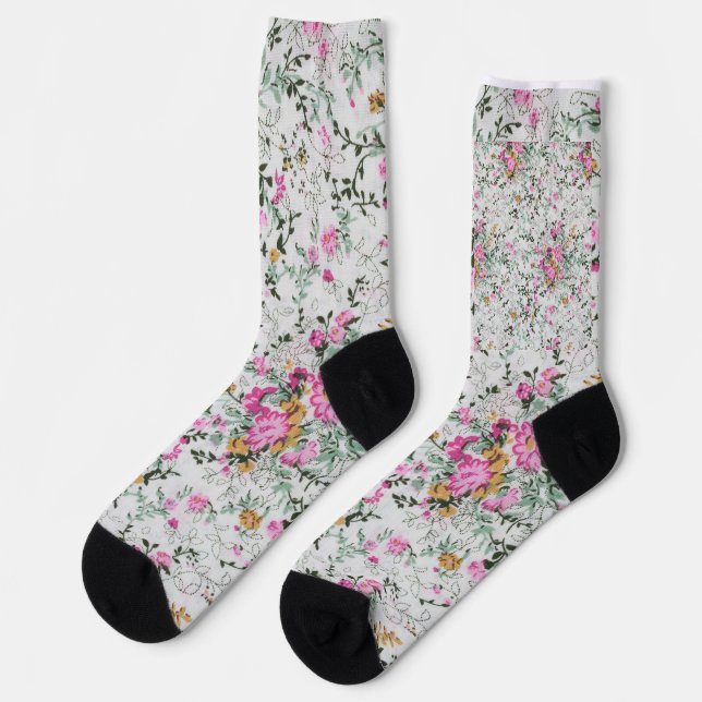 Pink and green floral artistic design  socks (Left)