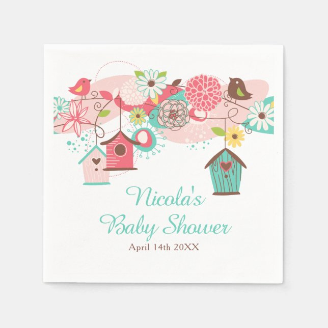 Pink and Green Floral Bird Cages Baby Shower Napkin (Front)