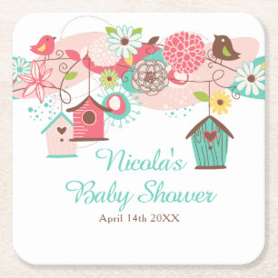 Pink and Green Floral Bird Cages Baby Shower Square Paper Coaster