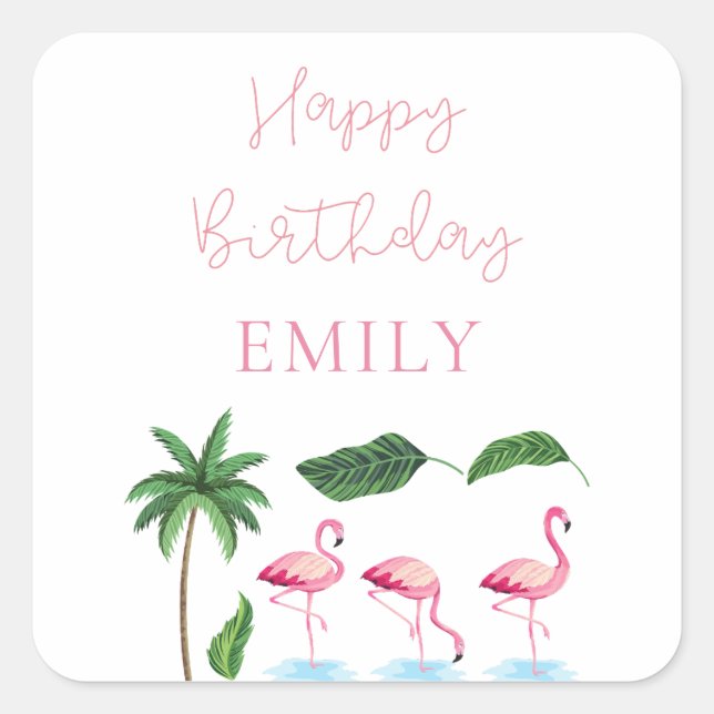 Pink and green Floral Birthday  Square Sticker (Front)