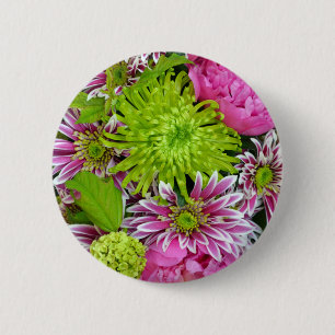 Pink and green floral bouquet 6 cm round badge