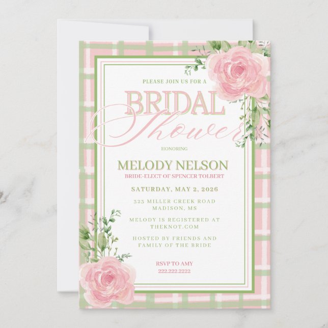 Pink and Green Floral Bridal Shower Invitation (Front)