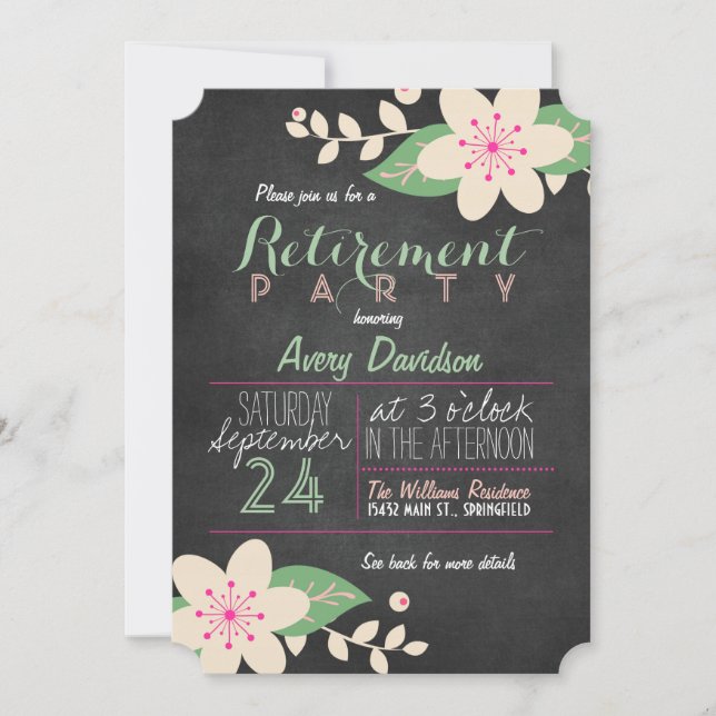 Pink and Green Floral Chalkboard Retirement Party Invitation (Front)