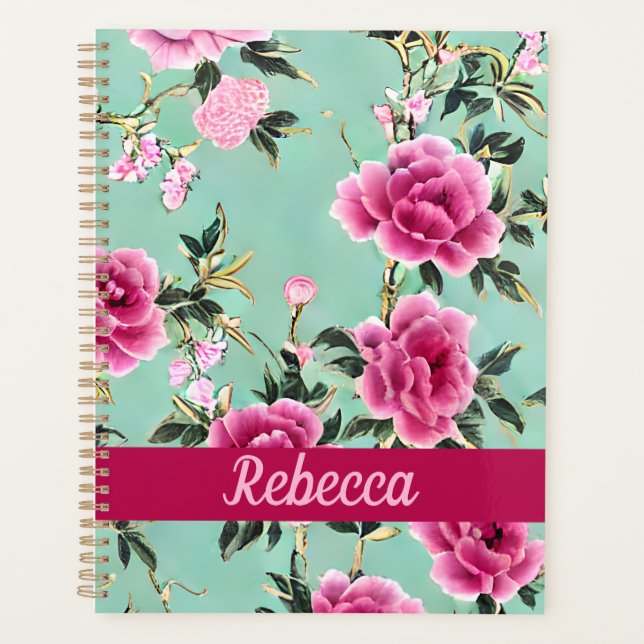 Pink and Green Floral Chinoiserie Personalised Planner (Front)