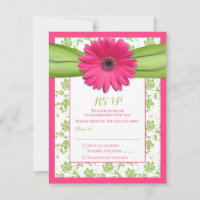 Pink and Green Floral Damask Wedding Reply Card