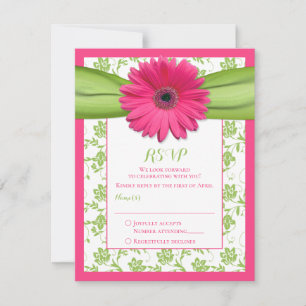 Pink and Green Floral Damask Wedding Reply Card