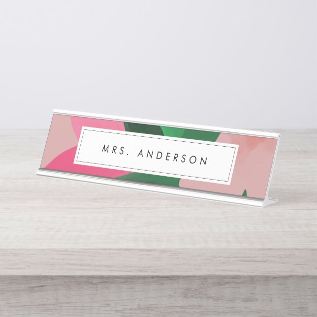 Pink and Green Floral Desk Name Plate (Front)