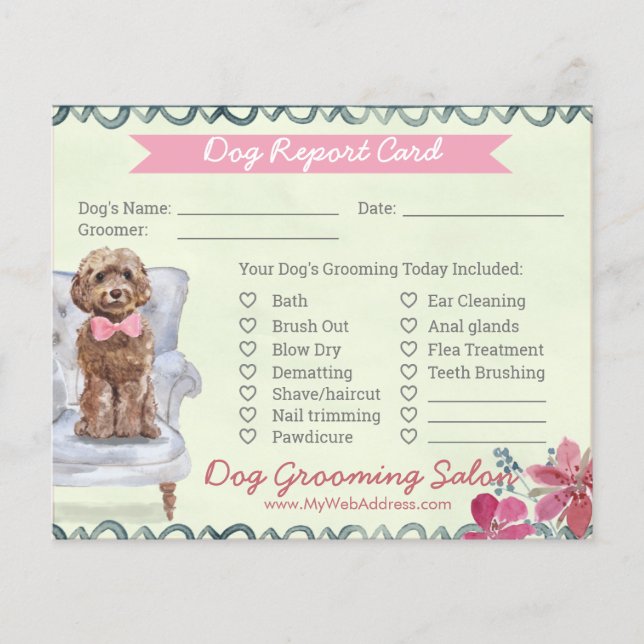 Pink and Green Floral Dog Grooming Report Card  (Front)