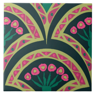 Pink and Green Floral Fan Pattern Ceramic Tile