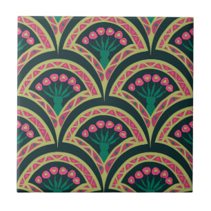 Pink and Green Floral Fan Pattern Ceramic Tile