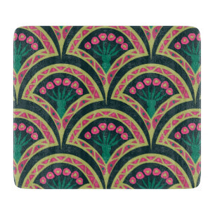 Pink and Green Floral Fan Pattern Cutting Board