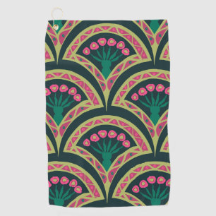Pink and Green Floral Fan Pattern Golf Towel