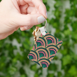 Pink and Green Floral Fan Pattern Key Ring