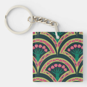 Pink and Green Floral Fan Pattern Key Ring