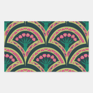 Pink and Green Floral Fan Pattern Rectangular Sticker