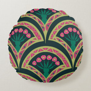 Pink and Green Floral Fan Pattern Round Cushion