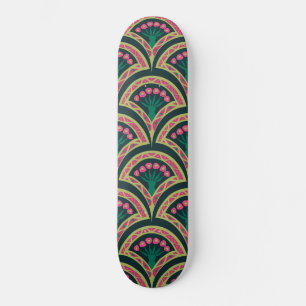 Pink and Green Floral Fan Pattern Skateboard