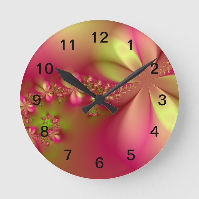 Pink and Green Floral Fractal Wall Clock (Front)