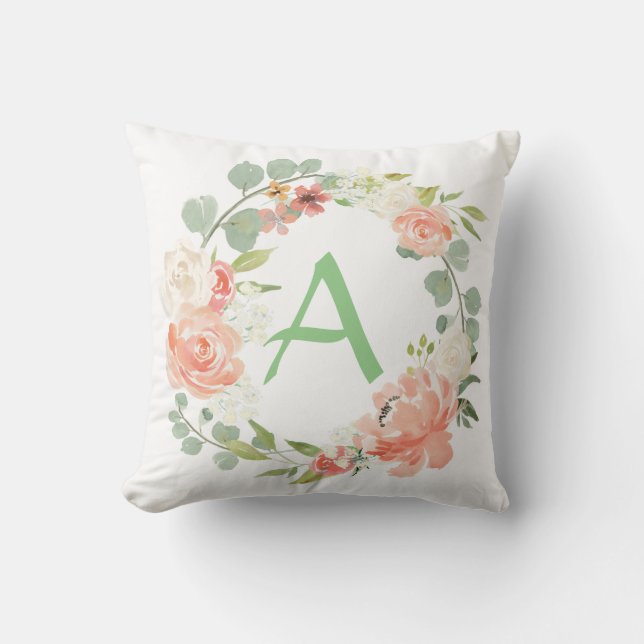Pink and Green Floral Monogram Cushion (Front)