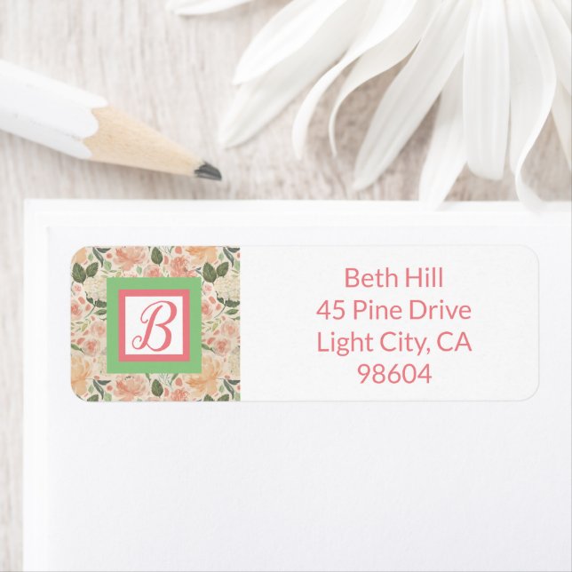 Pink and Green Floral Monogram Return Address Label (Insitu)