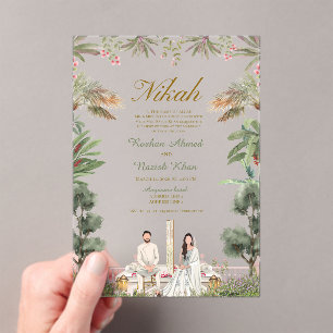 Pink and Green floral muslim wedding Acrylic Invitations