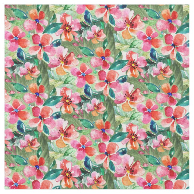 Pink and Green Floral Nature Pattern Fabric (Close Up)