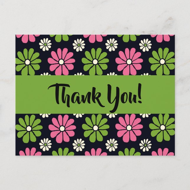 Pink and Green Floral on Black Thank You Postcard (Front)