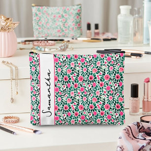 Pink and green floral personalised accessory pouch