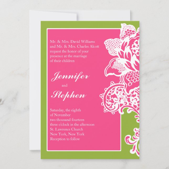 Pink and Green Floral Scroll Wedding Invitation (Front)