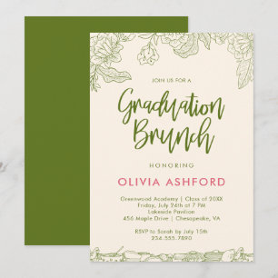 Pink and Green Floral Trendy Brunch graduation Invitation