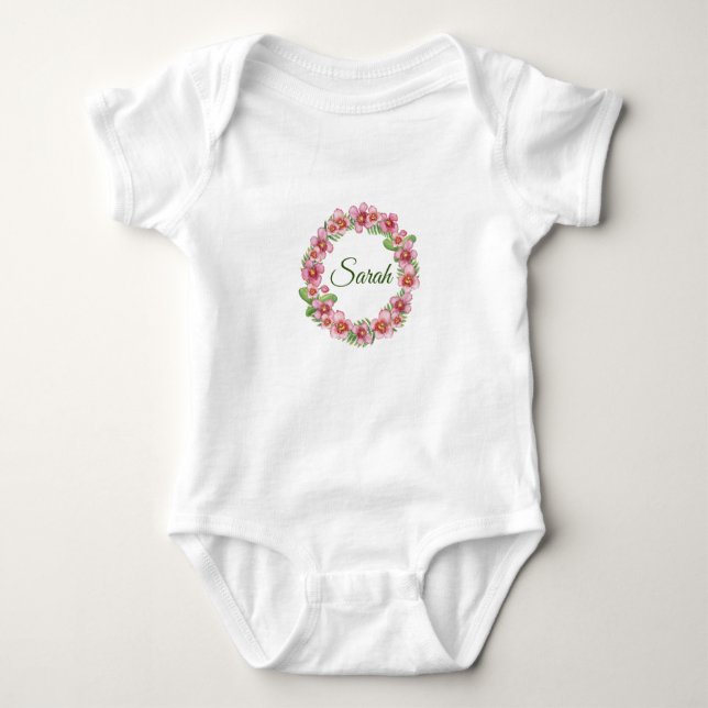 Pink and Green Floral Wreath Baby Bodysuit (Front)