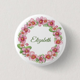 Pink and Green Floral Wreath Personalised Button