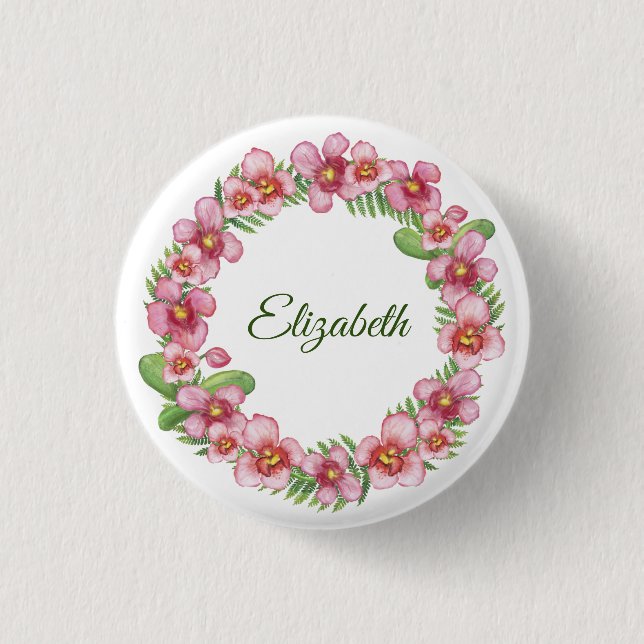 Pink and Green Floral Wreath Personalised Button (Front)