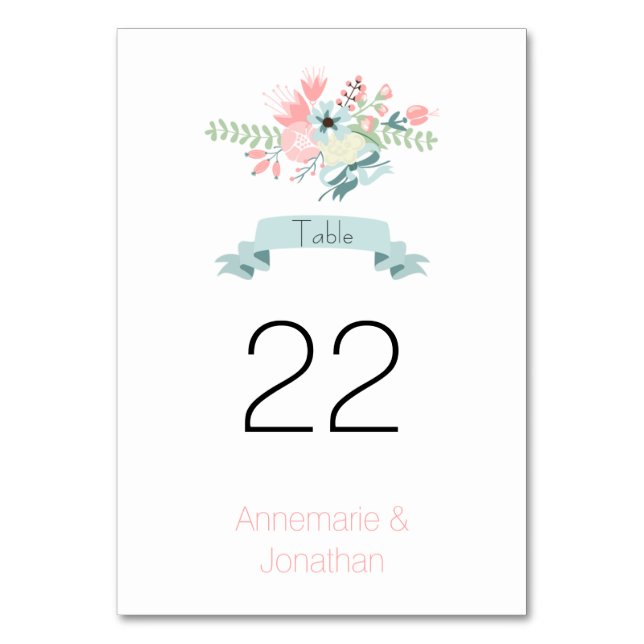 Pink and Green Floral Wreath Table Cards (Front)