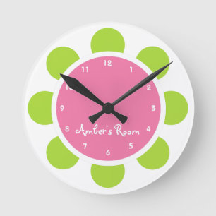 Pink and Green Flower Kid's Bedroom Round Clock