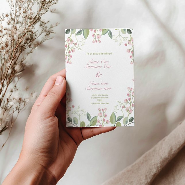 Pink and green flowers invitation postcard (Bright beautiful modern wedding invitation with pink and green flowers and elegant pink script.)