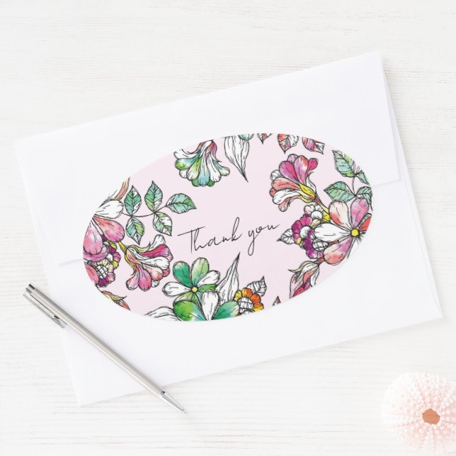 Pink and green flowers oval sticker (Envelope)
