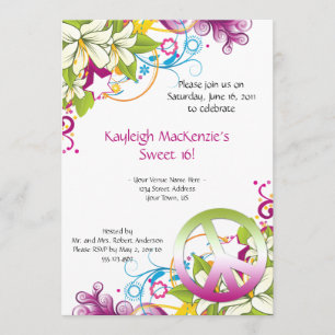 Pink and Green Flowers Peace Sign Sweet 16 Invitation