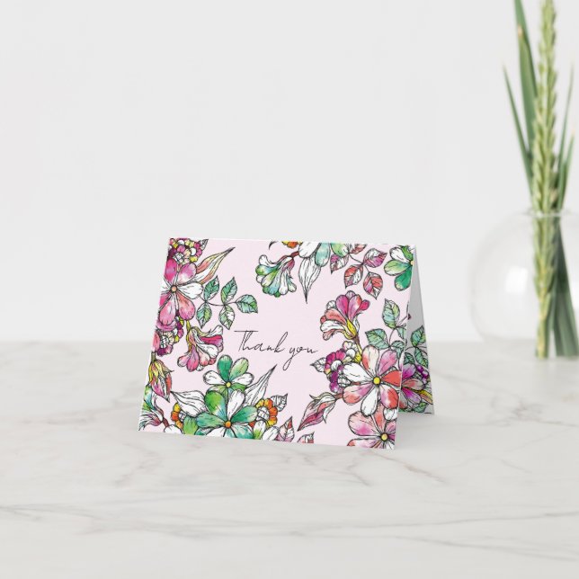 Pink and green flowers thank you card (Front)