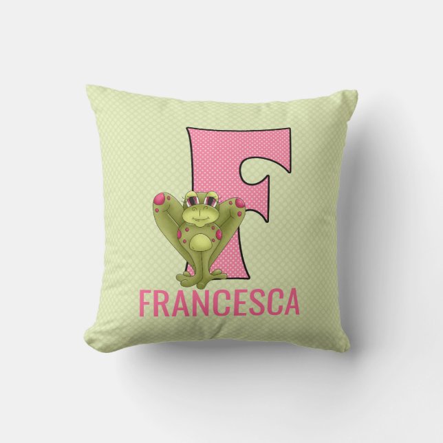 Pink and Green Frog and Polka Dots Letter F Cushion (Front)