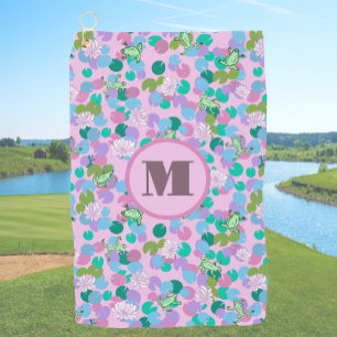 Pink and green frogs custom monogram ladies golf towel