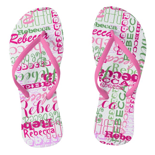 Pink and Green Fun Name Collage Allover Print Thongs (Footbed)
