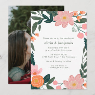 Pink and Green Garden Flower Border Wedding Summer Invitation