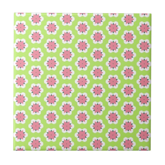 Pink and Green Geometrical Flowers Pattern Ceramic Tile (Front)
