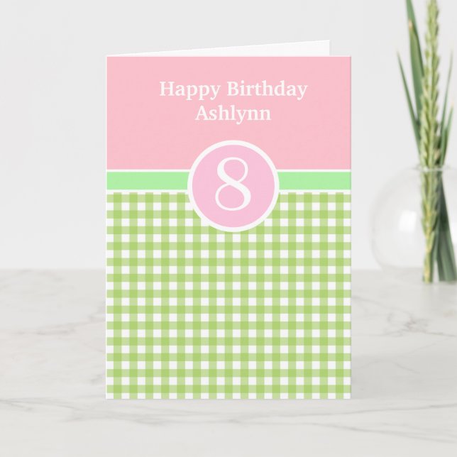 Pink and Green Gingham 8th Birthday Card (Front)