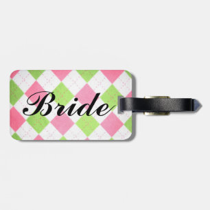 pink and green gingham "Bride" luggage tag